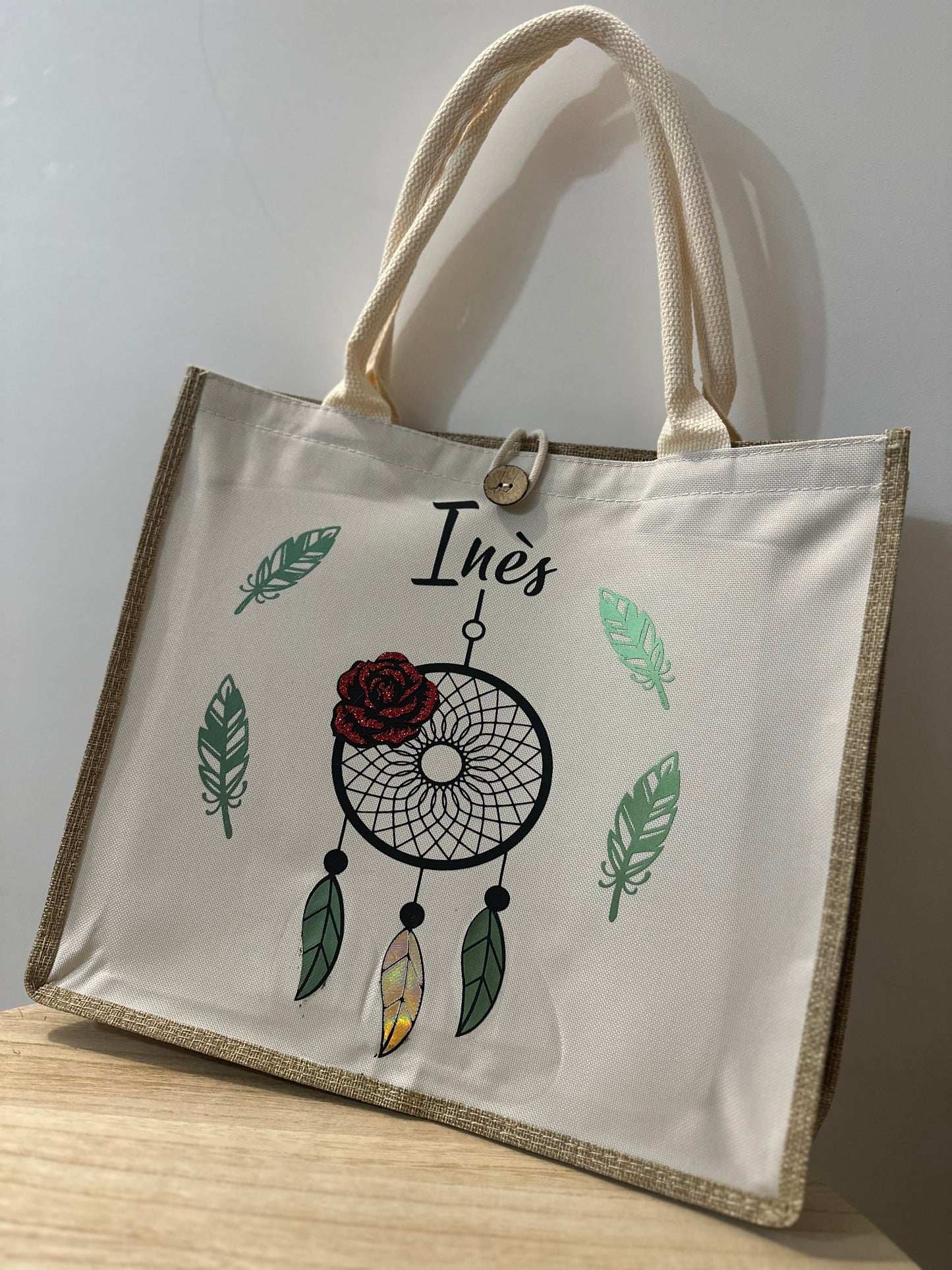 Sac en jute attrape rêve plumes et rose