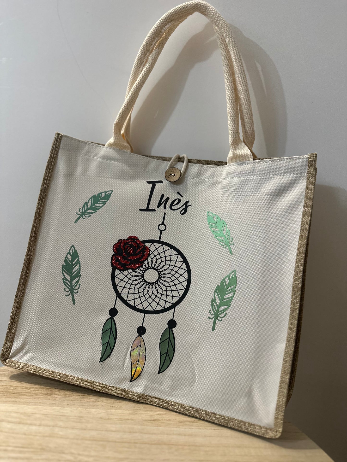 Sac en jute attrape rêve plumes et rose