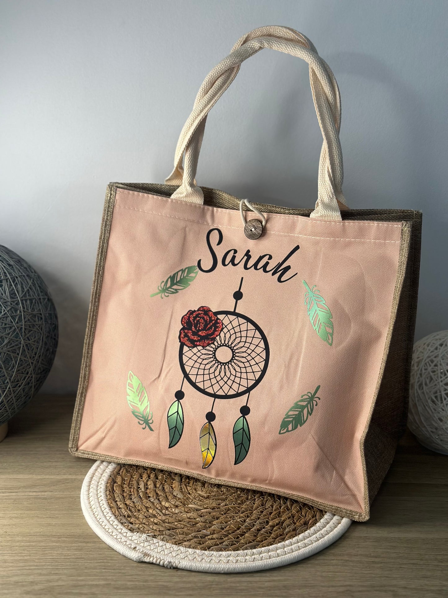 Sac en jute attrape rêve plumes et rose